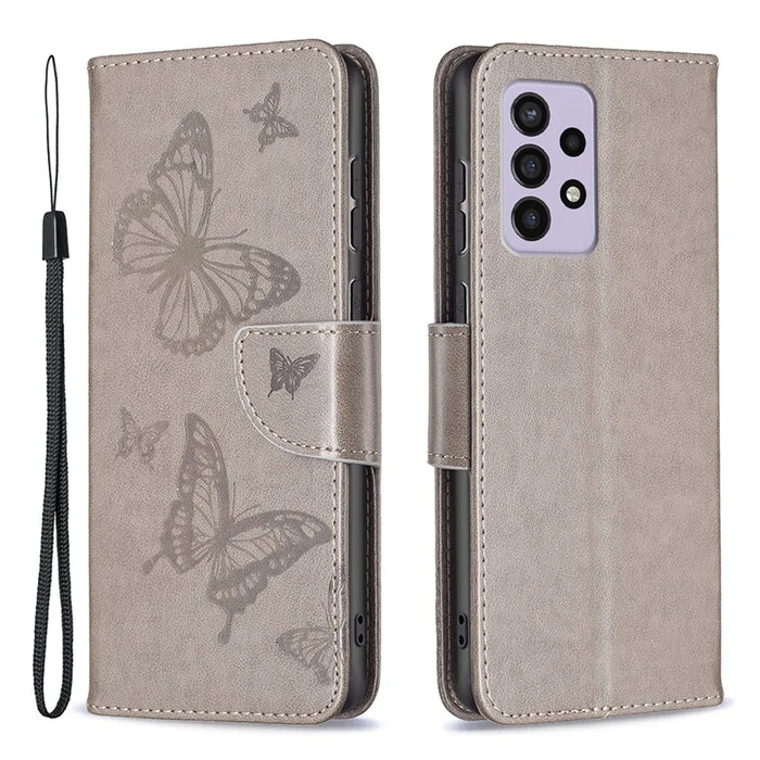 For Samsung Galaxy A33 5G Drop-Proof Protection Multiple Butterfly Imprinted PU Leather Flip Folio Cover Wallet Stand Case - Grey - 1