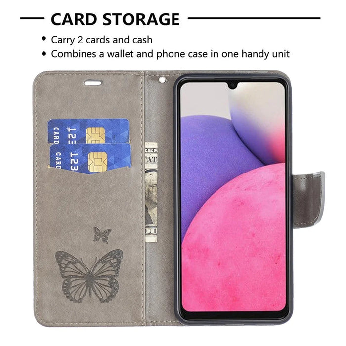 For Samsung Galaxy A33 5G Drop-Proof Protection Multiple Butterfly Imprinted PU Leather Flip Folio Cover Wallet Stand Case - Grey - 5