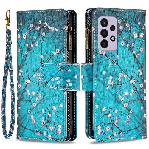 BF03 Zipper Wallet Case for Samsung Galaxy A33 5G, Pattern Printing PU Leather Stand Feature Flip Cover with Strap - Plum Blossom - 1