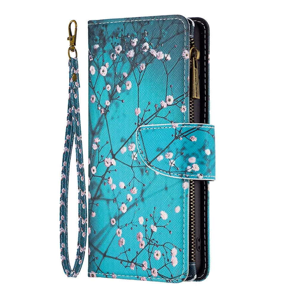 BF03 Zipper Wallet Case for Samsung Galaxy A33 5G, Pattern Printing PU Leather Stand Feature Flip Cover with Strap - Plum Blossom - 2