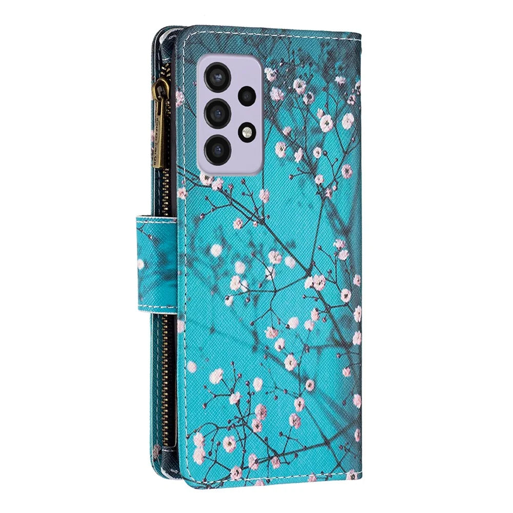 BF03 Zipper Wallet Case for Samsung Galaxy A33 5G, Pattern Printing PU Leather Stand Feature Flip Cover with Strap - Plum Blossom - 3