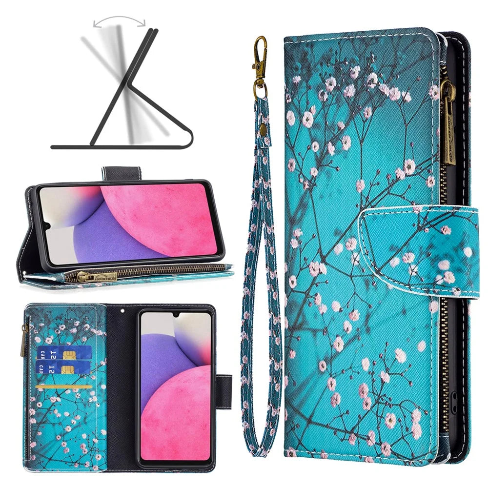 BF03 Zipper Wallet Case for Samsung Galaxy A33 5G, Pattern Printing PU Leather Stand Feature Flip Cover with Strap - Plum Blossom - 4