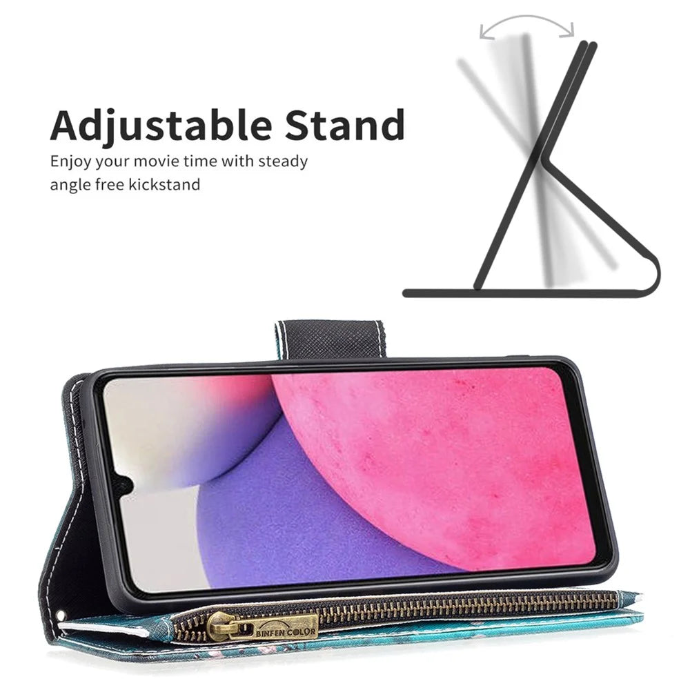 BF03 Zipper Wallet Case for Samsung Galaxy A33 5G, Pattern Printing PU Leather Stand Feature Flip Cover with Strap - Plum Blossom - 5
