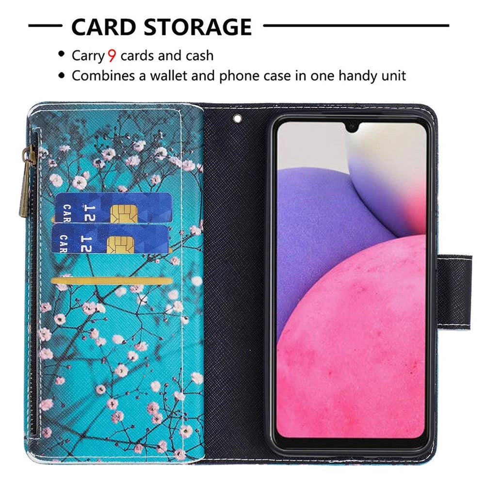 BF03 Zipper Wallet Case for Samsung Galaxy A33 5G, Pattern Printing PU Leather Stand Feature Flip Cover with Strap - Plum Blossom - 6