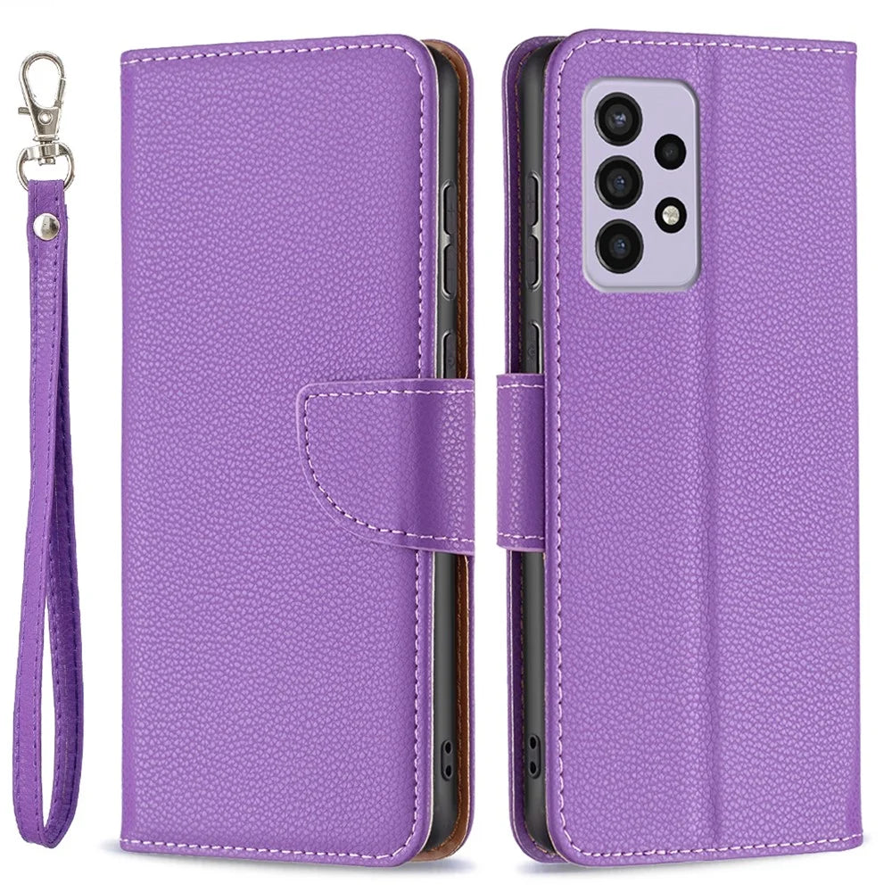For Samsung Galaxy A33 5G Litchi Texture PU Leather Phone Case Wallet Solid Color Anti-fall Phone Cover with Strap - Purple - 1