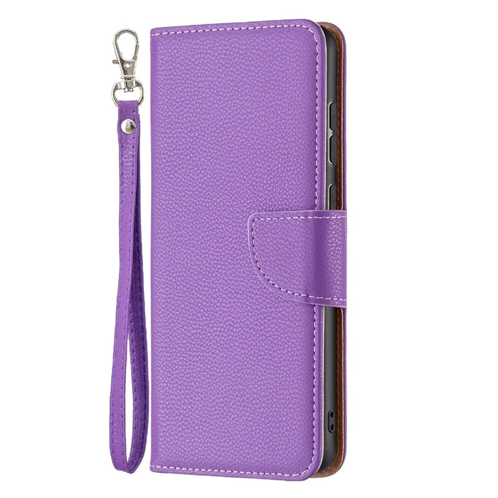 For Samsung Galaxy A33 5G Litchi Texture PU Leather Phone Case Wallet Solid Color Anti-fall Phone Cover with Strap - Purple - 2