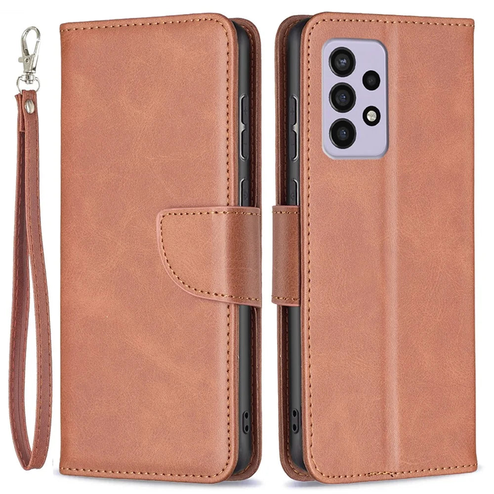 For Samsung Galaxy A33 5G Textured PU Leather Full Protective Wallet Stand Phone Cover with Strap - Brown - 1