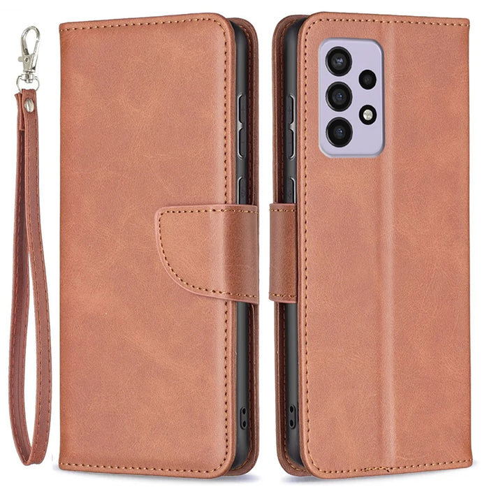 For Samsung Galaxy A33 5G Textured PU Leather Full Protective Wallet Stand Phone Cover with Strap - Brown - 1