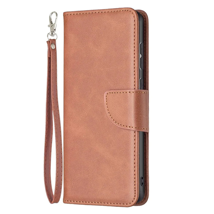 For Samsung Galaxy A33 5G Textured PU Leather Full Protective Wallet Stand Phone Cover with Strap - Brown - 2