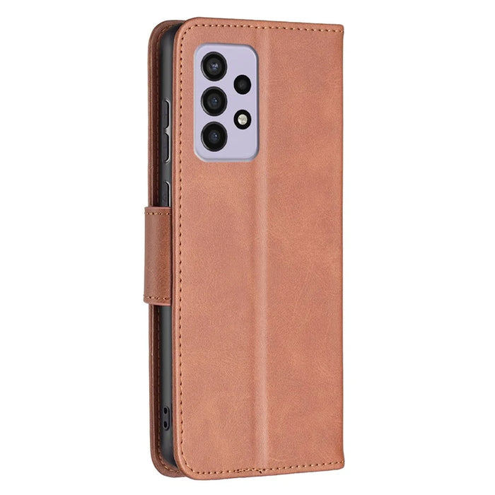 For Samsung Galaxy A33 5G Textured PU Leather Full Protective Wallet Stand Phone Cover with Strap - Brown - 3