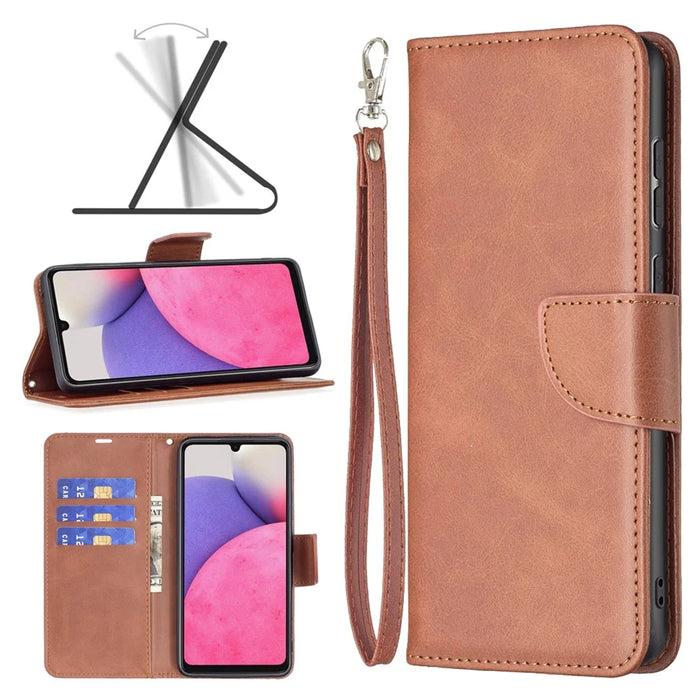 For Samsung Galaxy A33 5G Textured PU Leather Full Protective Wallet Stand Phone Cover with Strap - Brown - 4