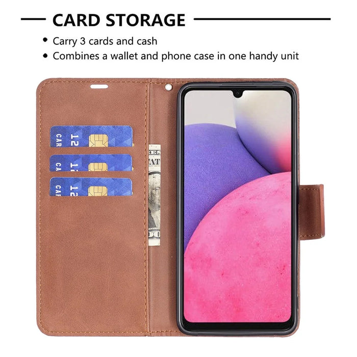 For Samsung Galaxy A33 5G Textured PU Leather Full Protective Wallet Stand Phone Cover with Strap - Brown - 6