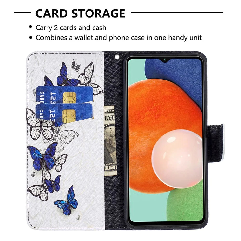 For Samsung Galaxy A13 4G / A13 5G / A04 4G (164.4 x 76.3 x 9.1 mm) Stand Wallet Pattern Cover PU Leather Phone Case - Butterflies - 6