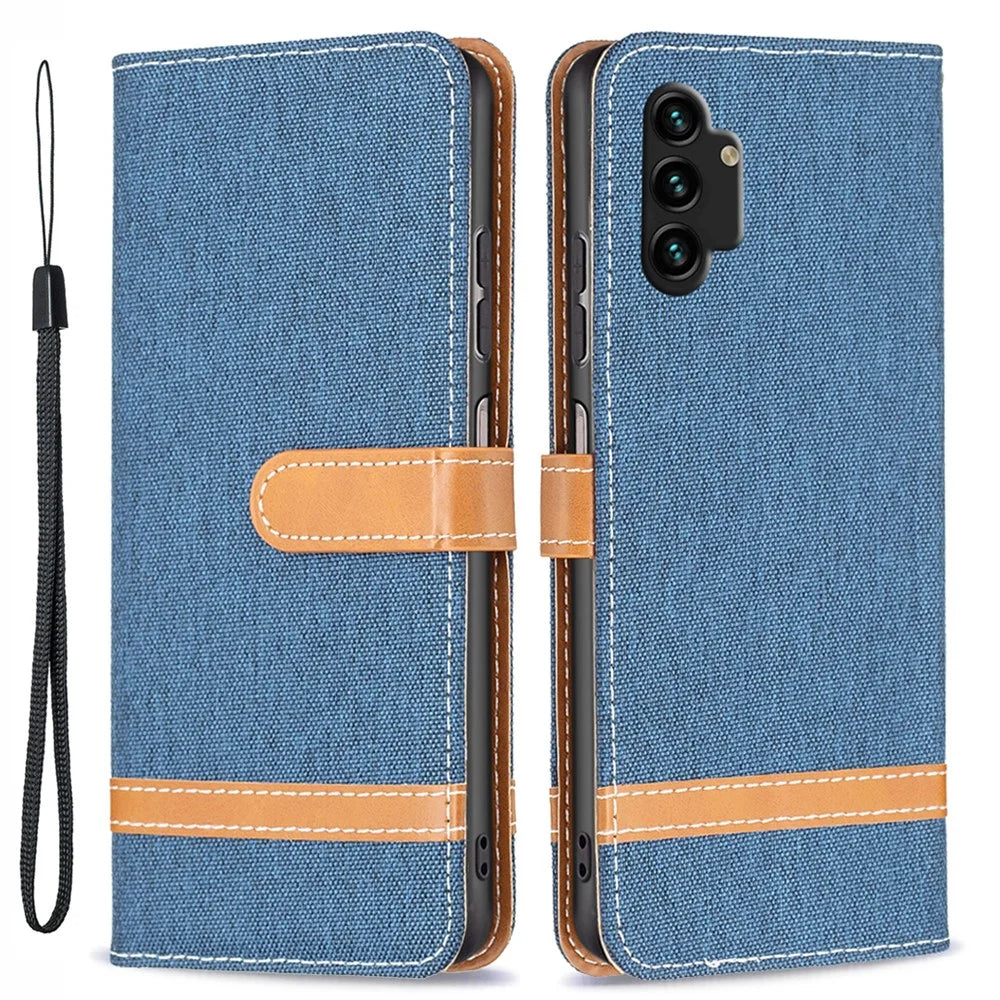 For Samsung Galaxy A13 4G / A13 5G / A04 4G (164.4 x 76.3 x 9.1 mm) Jeans Cloth Texture PU Leather Color Matching Wallet Cover - Navy Blue - 1