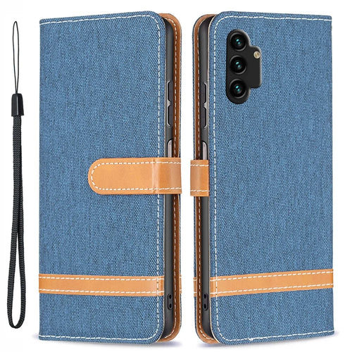 For Samsung Galaxy A13 4G / A13 5G / A04 4G (164.4 x 76.3 x 9.1 mm) Jeans Cloth Texture PU Leather Color Matching Wallet Cover - Navy Blue - 1