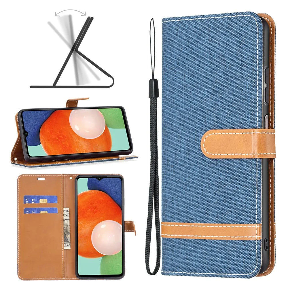 For Samsung Galaxy A13 4G / A13 5G / A04 4G (164.4 x 76.3 x 9.1 mm) Jeans Cloth Texture PU Leather Color Matching Wallet Cover - Navy Blue - 4