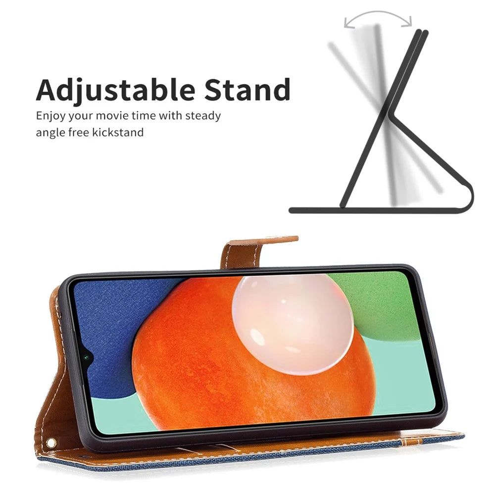 For Samsung Galaxy A13 4G / A13 5G / A04 4G (164.4 x 76.3 x 9.1 mm) Jeans Cloth Texture PU Leather Color Matching Wallet Cover - Navy Blue - 5