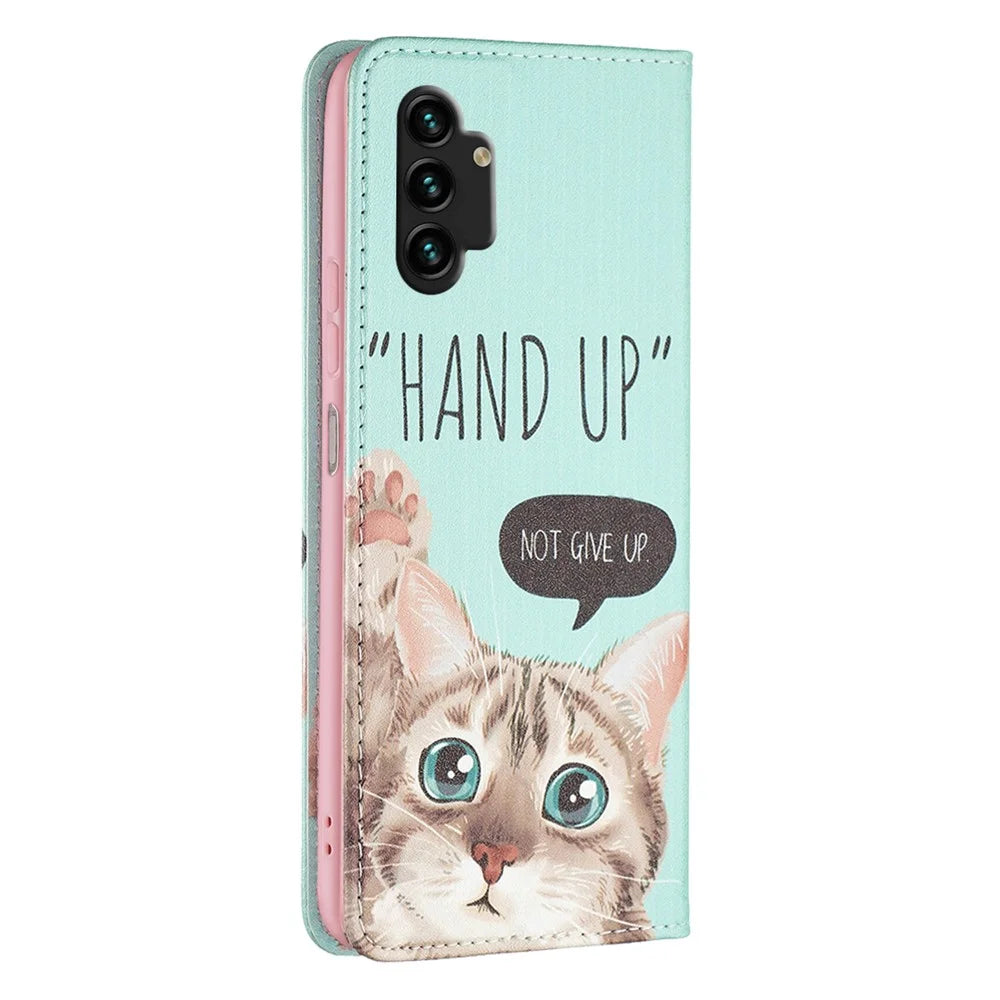 Magnetic Auto-absorbed Cover for Samsung Galaxy A13 4G / A13 5G / A04 4G (164.4 x 76.3 x 9.1 mm), PU Leather Wallet Phone Case - Cat - 3
