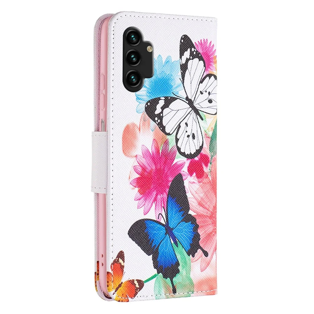For Samsung Galaxy A13 4G / A13 5G / A04 4G (164.4 x 76.3 x 9.1 mm) Pattern Printing PU Leather Stand Cover Wallet Phone Case - Two Butterflies - 3