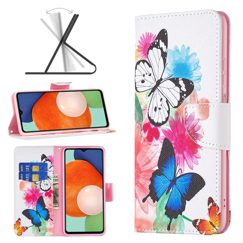 For Samsung Galaxy A13 4G / A13 5G / A04 4G (164.4 x 76.3 x 9.1 mm) Pattern Printing PU Leather Stand Cover Wallet Phone Case - Two Butterflies - 4