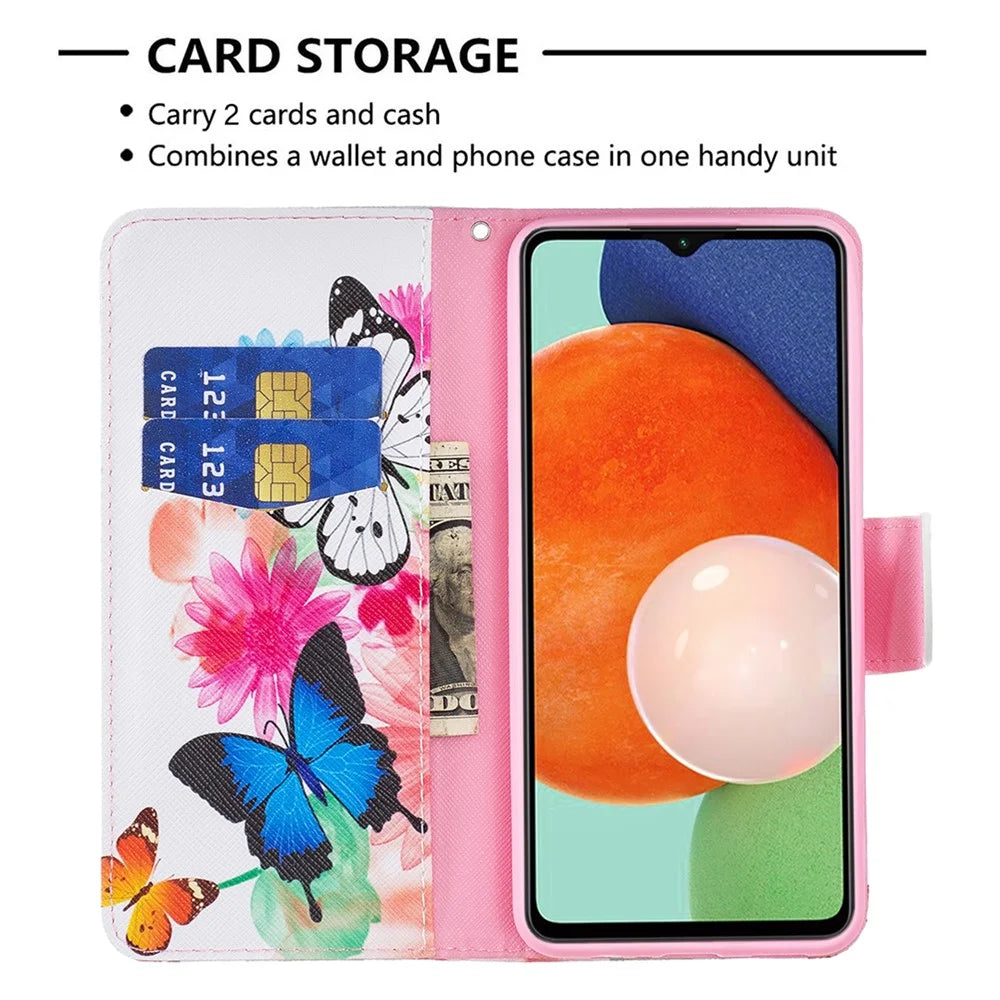 For Samsung Galaxy A13 4G / A13 5G / A04 4G (164.4 x 76.3 x 9.1 mm) Pattern Printing PU Leather Stand Cover Wallet Phone Case - Two Butterflies - 6