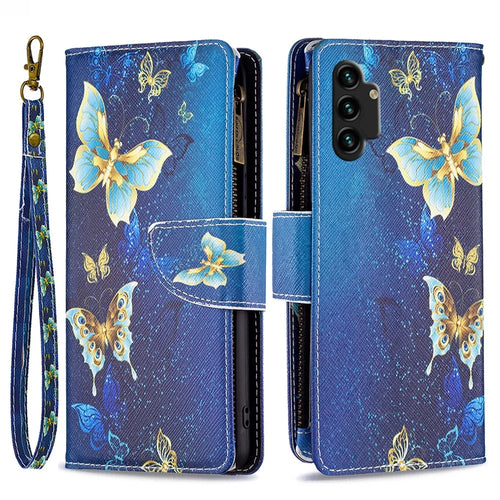 BF03 Pattern Printing Phone Case for Samsung Galaxy A13 4G / A13 5G / A04 4G (164.4mm) PU Leather Zipper Wallet Stand with Strap - Golden Butterflies - 1