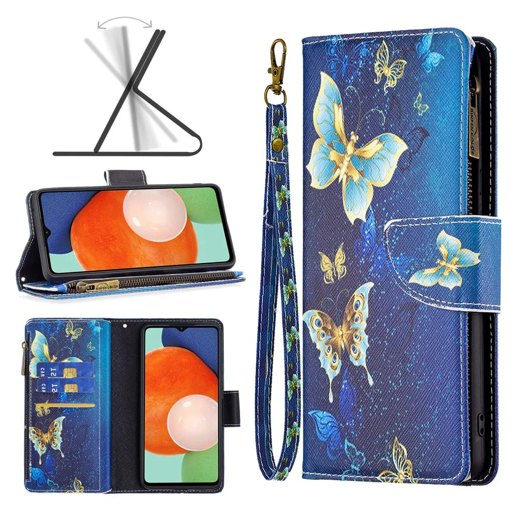 BF03 Pattern Printing Phone Case for Samsung Galaxy A13 4G / A13 5G / A04 4G (164.4mm) PU Leather Zipper Wallet Stand with Strap - Golden Butterflies - 4
