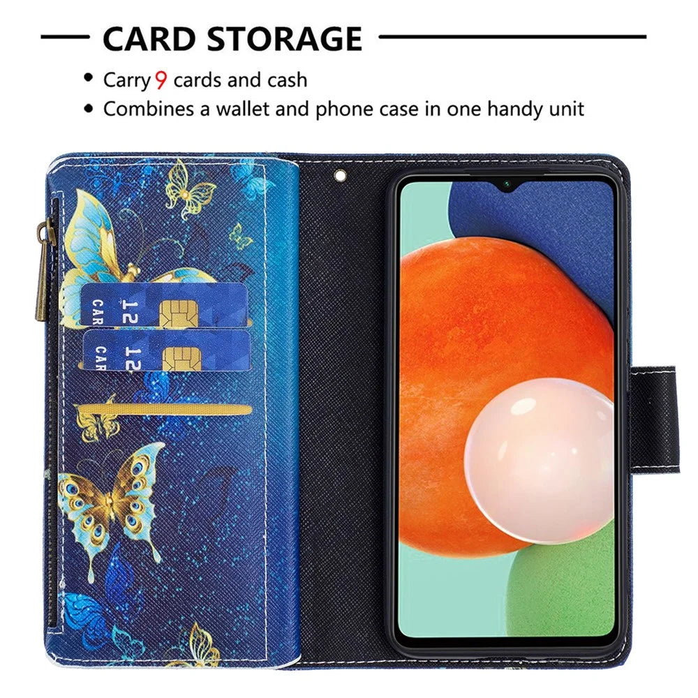 BF03 Pattern Printing Phone Case for Samsung Galaxy A13 4G / A13 5G / A04 4G (164.4mm) PU Leather Zipper Wallet Stand with Strap - Golden Butterflies - 6