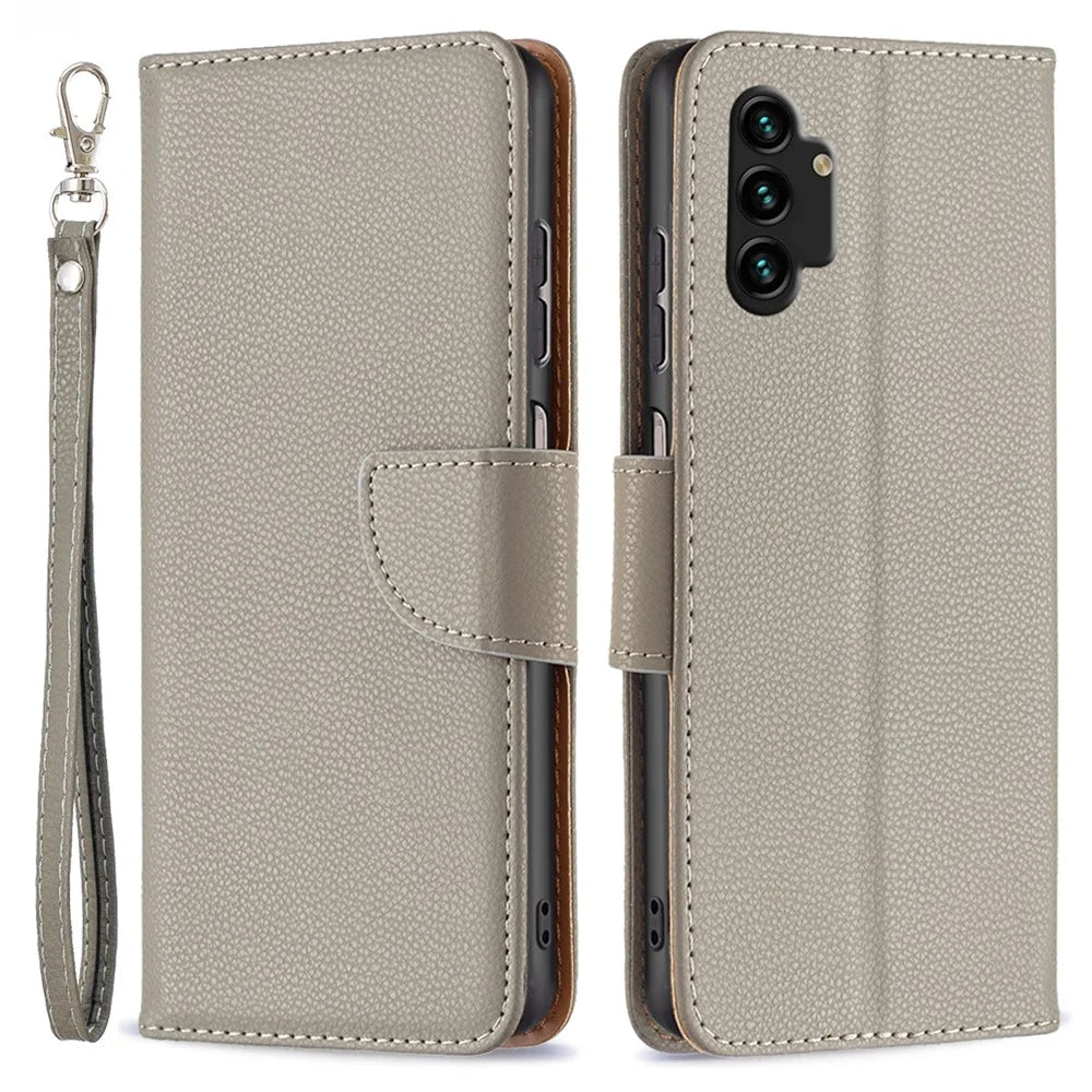 For Samsung Galaxy A13 4G / A13 5G / A04 4G (164.4 x 76.3 x 9.1 mm) Magnetic Closure Litchi Texture PU Leather Wallet Solid Color Cell Phone Cover with Strap - Grey - 1