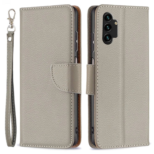 For Samsung Galaxy A13 4G / A13 5G / A04 4G (164.4 x 76.3 x 9.1 mm) Magnetic Closure Litchi Texture PU Leather Wallet Solid Color Cell Phone Cover with Strap - Grey - 1