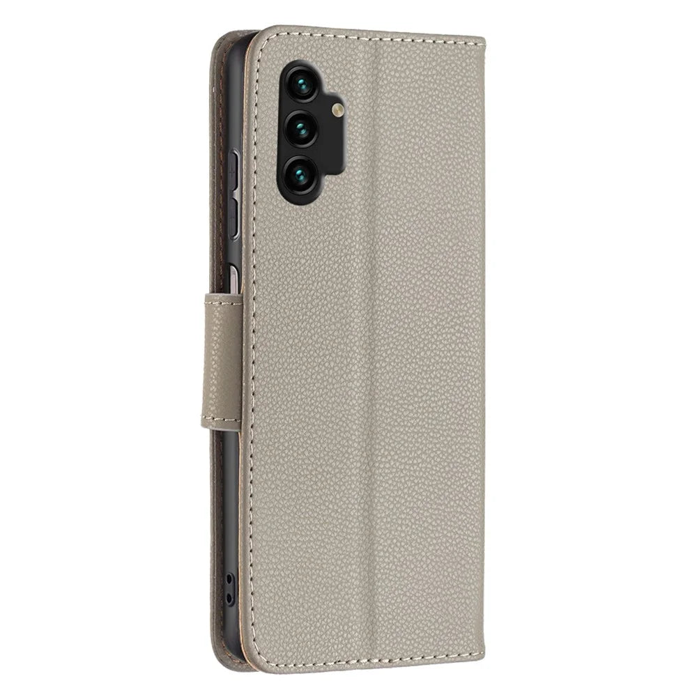 For Samsung Galaxy A13 4G / A13 5G / A04 4G (164.4 x 76.3 x 9.1 mm) Magnetic Closure Litchi Texture PU Leather Wallet Solid Color Cell Phone Cover with Strap - Grey - 3
