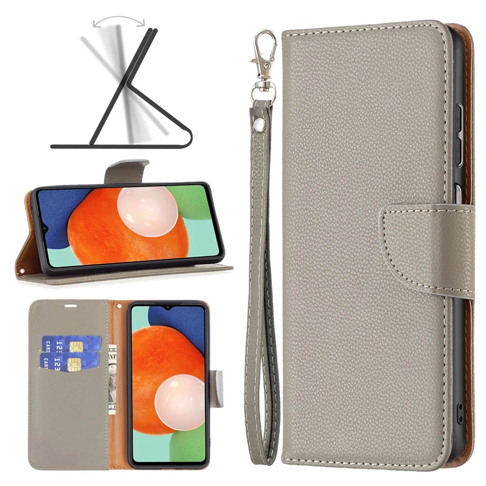 For Samsung Galaxy A13 4G / A13 5G / A04 4G (164.4 x 76.3 x 9.1 mm) Magnetic Closure Litchi Texture PU Leather Wallet Solid Color Cell Phone Cover with Strap - Grey - 4