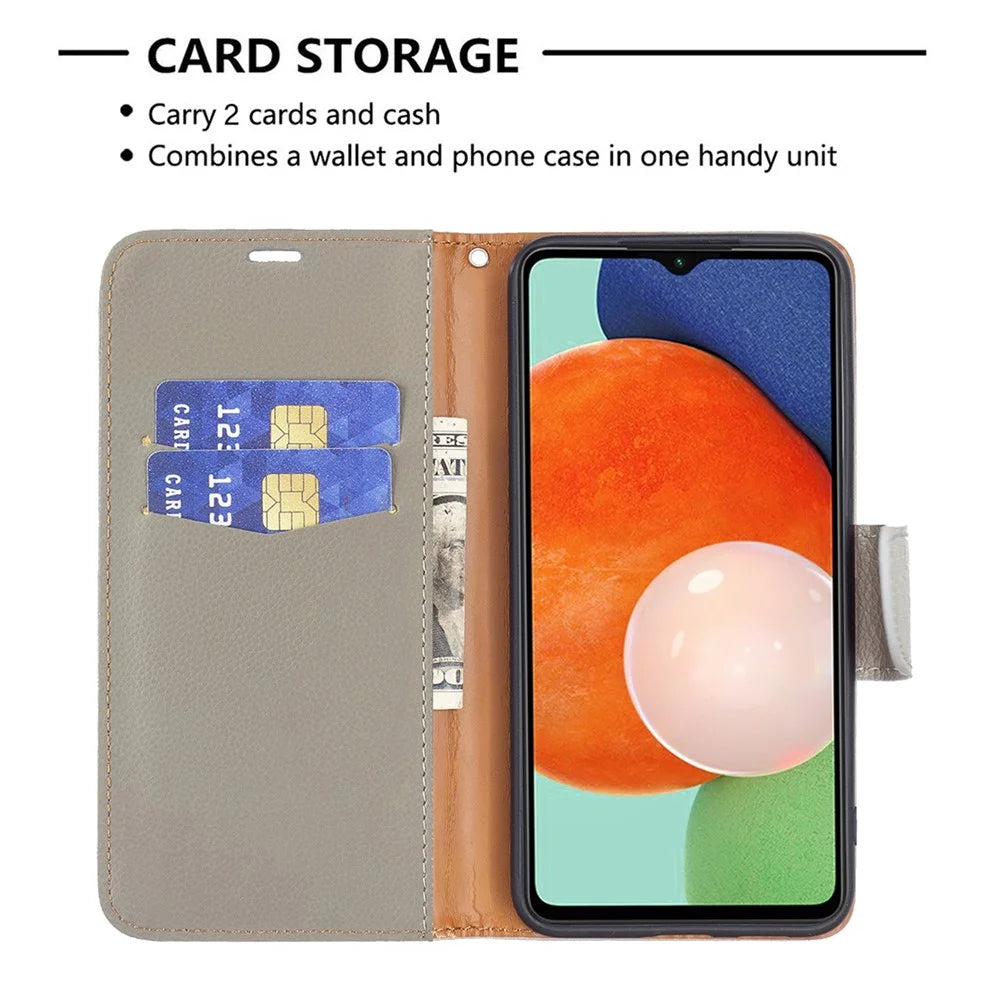 For Samsung Galaxy A13 4G / A13 5G / A04 4G (164.4 x 76.3 x 9.1 mm) Magnetic Closure Litchi Texture PU Leather Wallet Solid Color Cell Phone Cover with Strap - Grey - 6