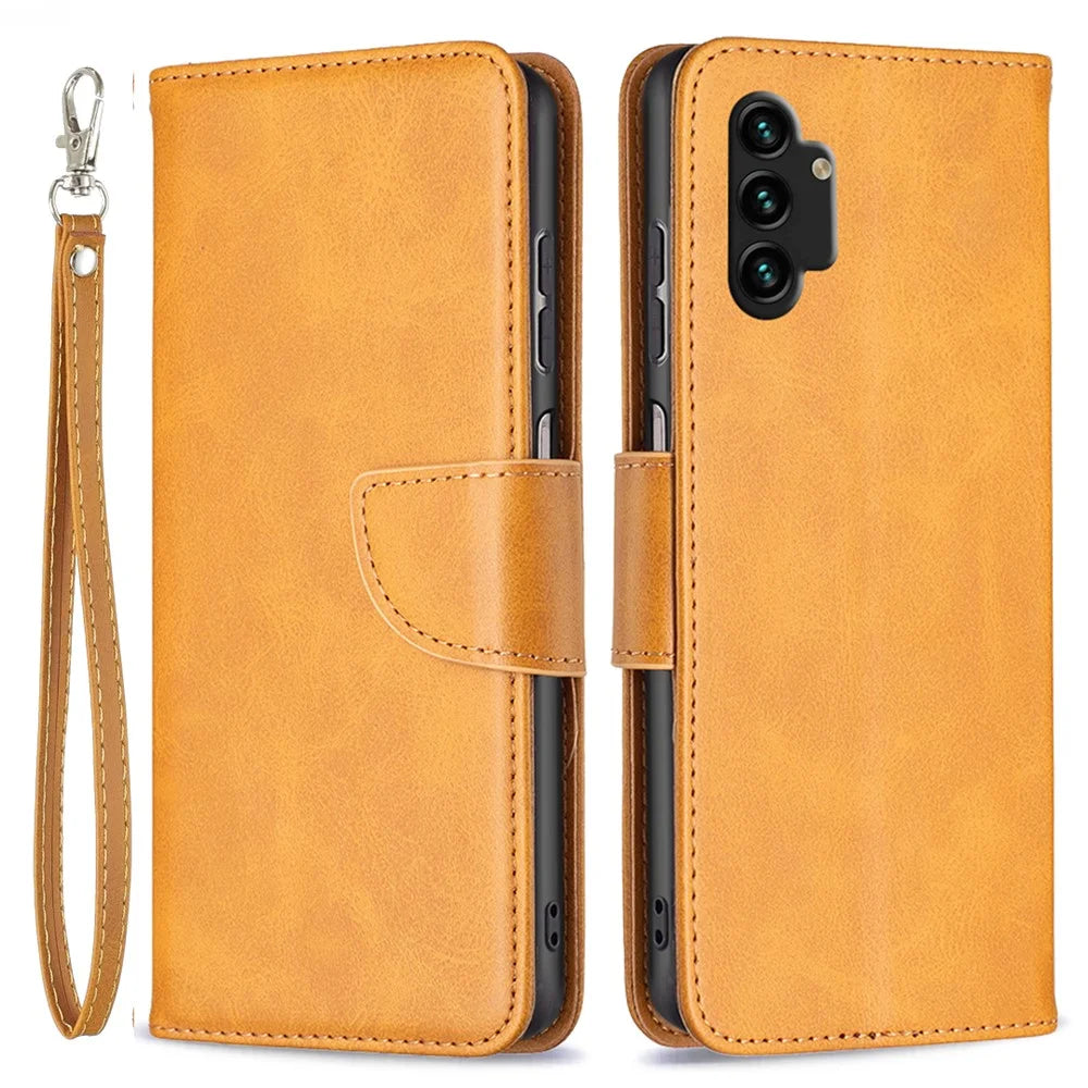 For Samsung Galaxy A13 4G / A13 5G / A04 4G (164.4 x 76.3 x 9.1 mm) Textured PU Leather Folio Flip Cover Stand Magnetic Phone Case with Strap - Yellow - 1