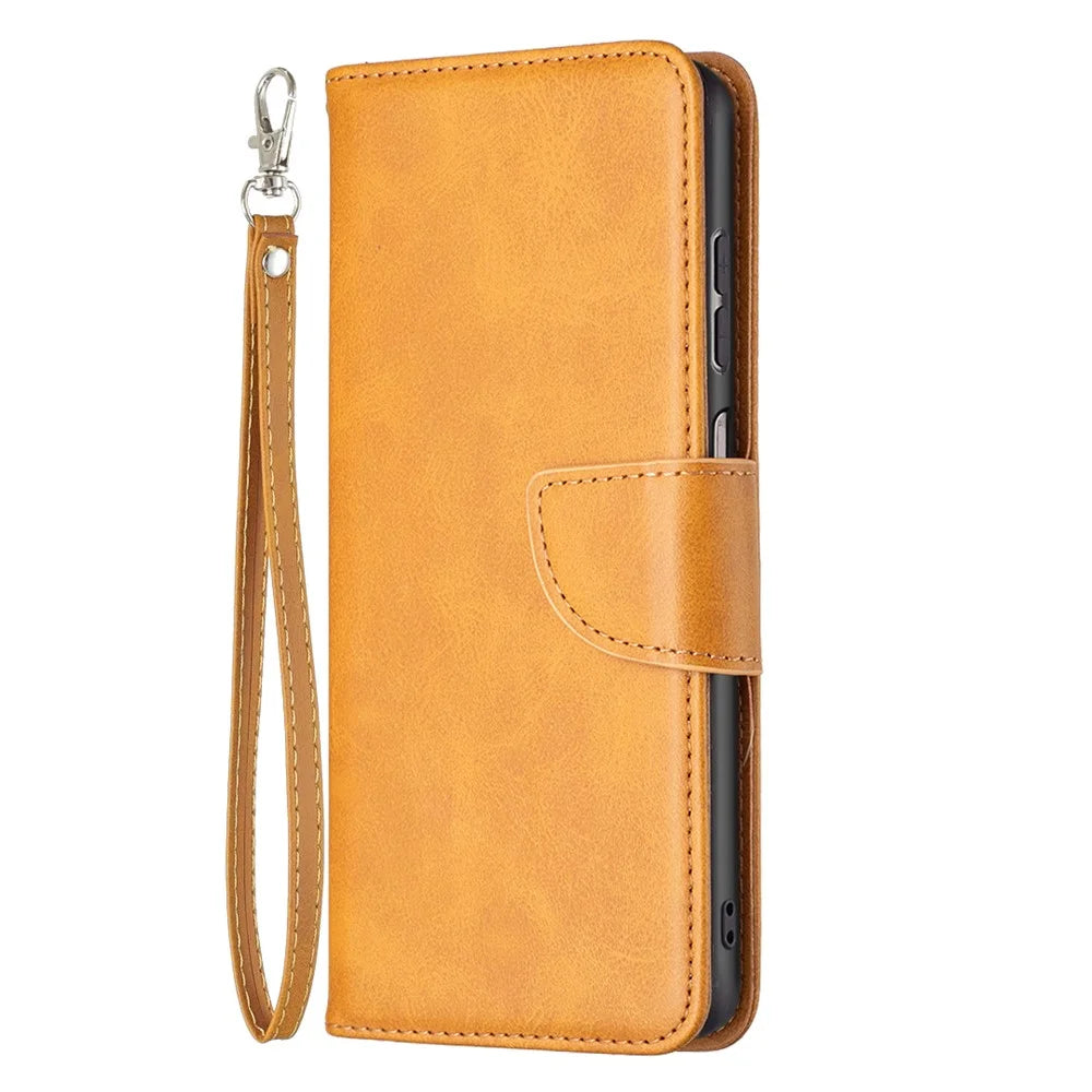 For Samsung Galaxy A13 4G / A13 5G / A04 4G (164.4 x 76.3 x 9.1 mm) Textured PU Leather Folio Flip Cover Stand Magnetic Phone Case with Strap - Yellow - 2