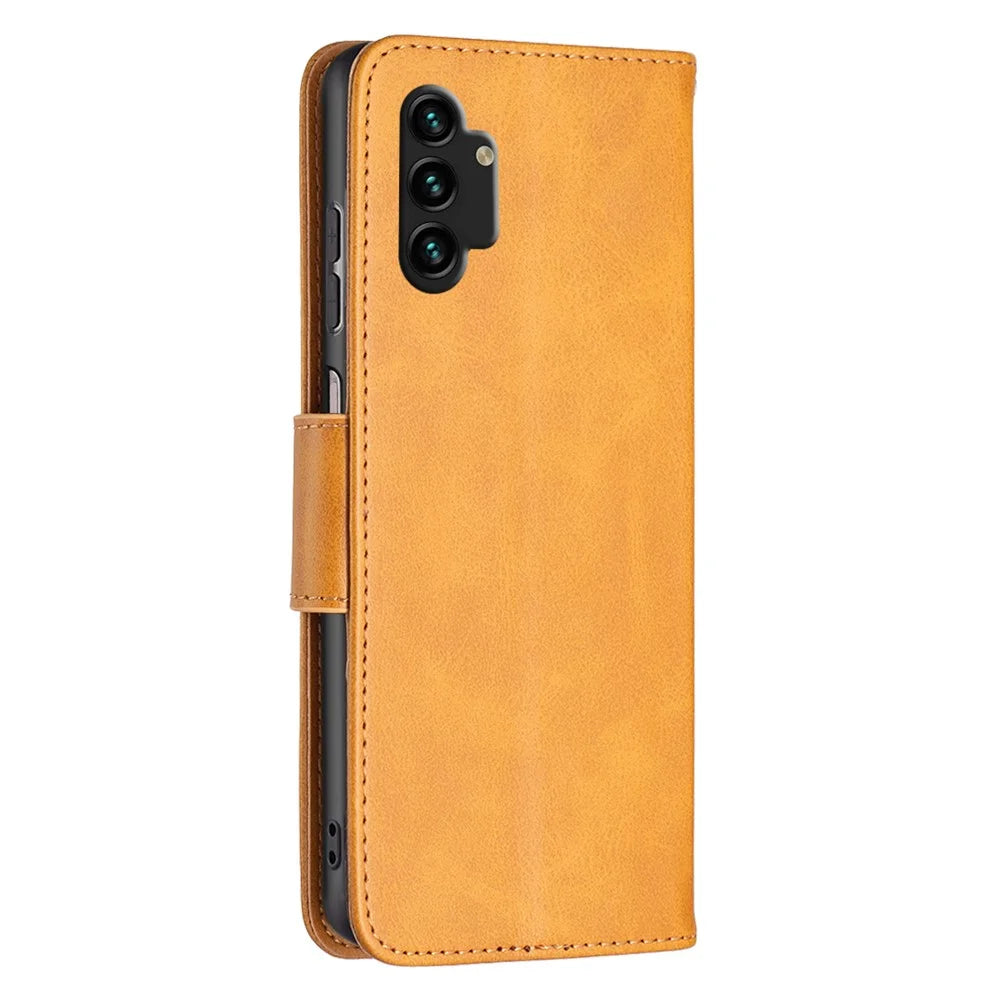 For Samsung Galaxy A13 4G / A13 5G / A04 4G (164.4 x 76.3 x 9.1 mm) Textured PU Leather Folio Flip Cover Stand Magnetic Phone Case with Strap - Yellow - 3