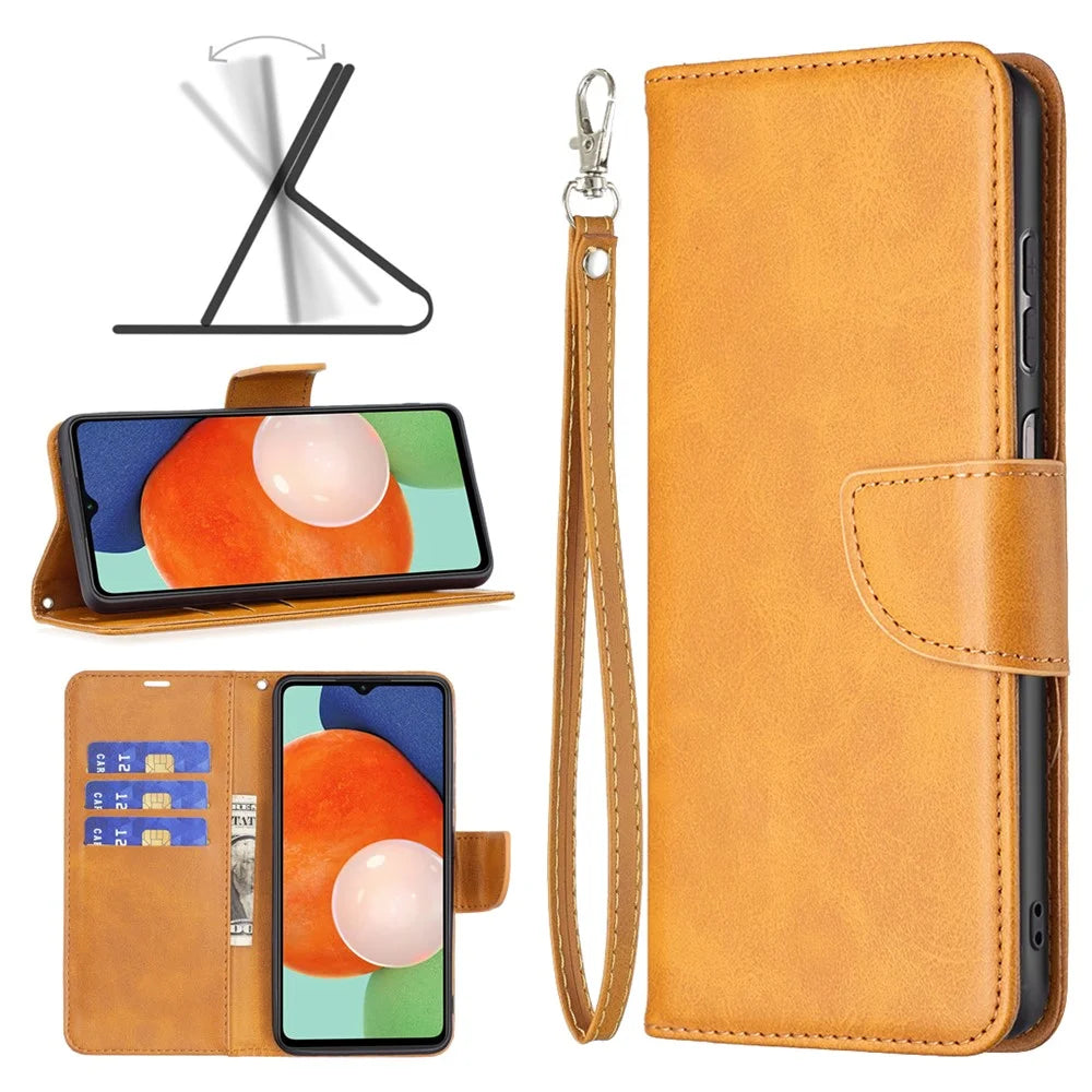 For Samsung Galaxy A13 4G / A13 5G / A04 4G (164.4 x 76.3 x 9.1 mm) Textured PU Leather Folio Flip Cover Stand Magnetic Phone Case with Strap - Yellow - 4
