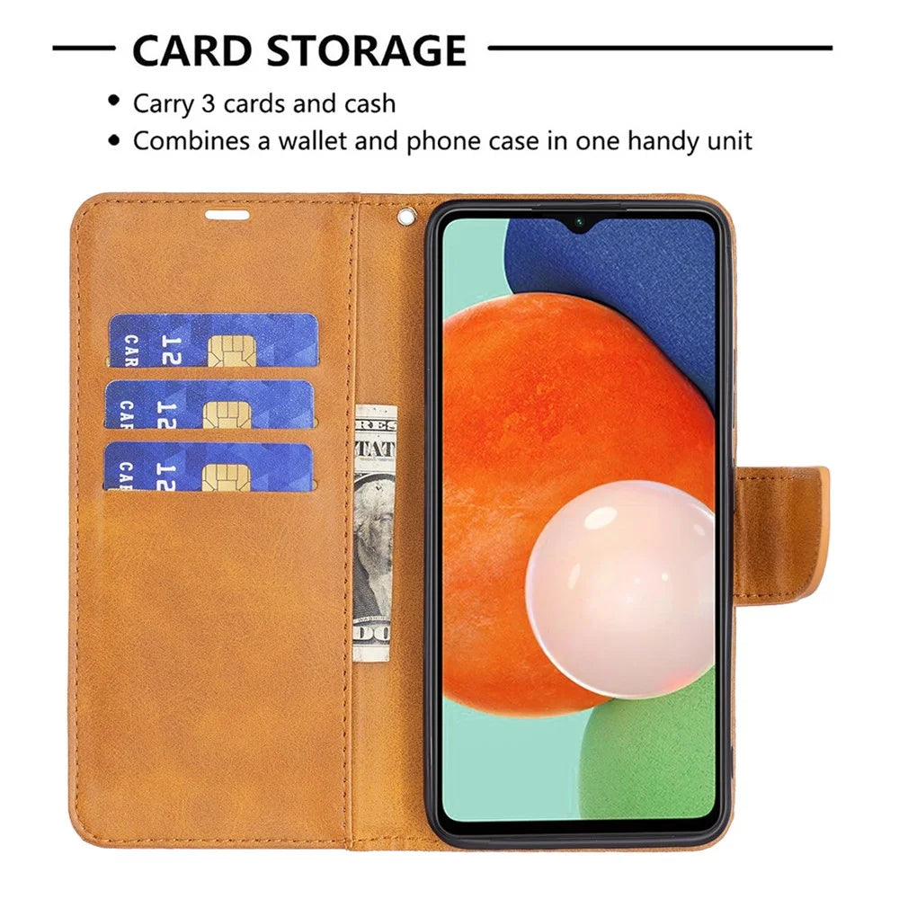 For Samsung Galaxy A13 4G / A13 5G / A04 4G (164.4 x 76.3 x 9.1 mm) Textured PU Leather Folio Flip Cover Stand Magnetic Phone Case with Strap - Yellow - 6