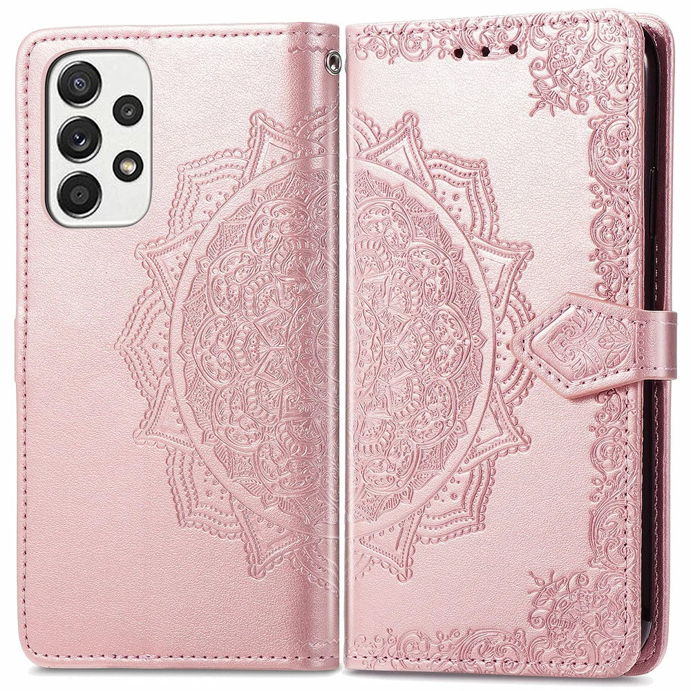 PU Leather Mandala Embossed Shockproof Cover for Samsung Galaxy A53 5G, Stand Flip Premium Wallet Phone Case with Strap - Rose Gold - 1