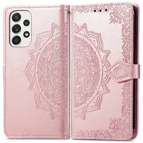 PU Leather Mandala Embossed Shockproof Cover for Samsung Galaxy A53 5G, Stand Flip Premium Wallet Phone Case with Strap - Rose Gold - 1