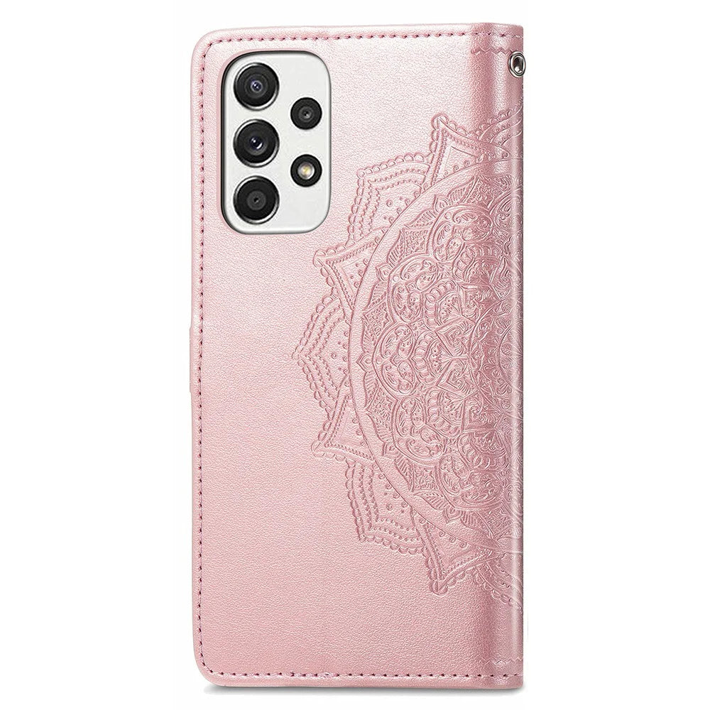 PU Leather Mandala Embossed Shockproof Cover for Samsung Galaxy A53 5G, Stand Flip Premium Wallet Phone Case with Strap - Rose Gold - 3