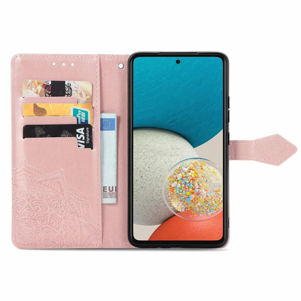 PU Leather Mandala Embossed Shockproof Cover for Samsung Galaxy A53 5G, Stand Flip Premium Wallet Phone Case with Strap - Rose Gold - 4