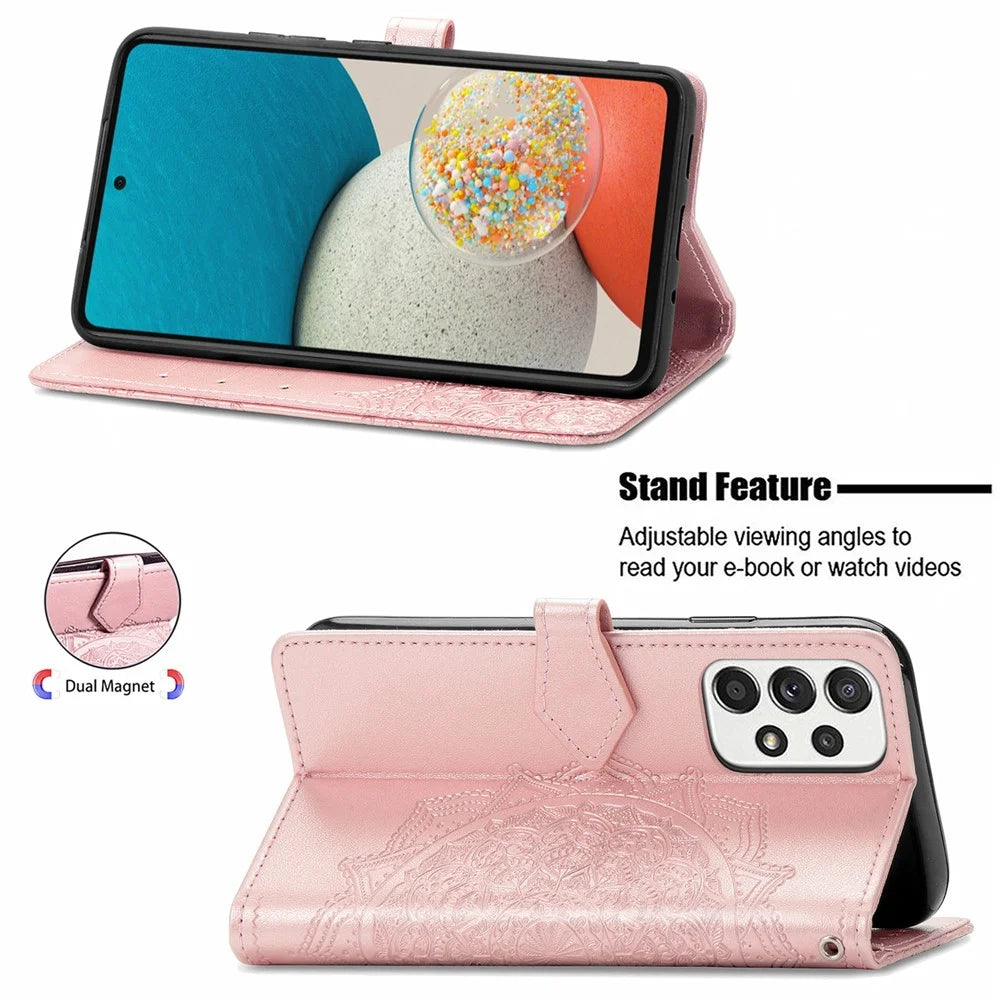 PU Leather Mandala Embossed Shockproof Cover for Samsung Galaxy A53 5G, Stand Flip Premium Wallet Phone Case with Strap - Rose Gold - 5