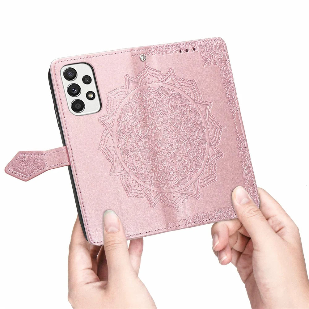 PU Leather Mandala Embossed Shockproof Cover for Samsung Galaxy A53 5G, Stand Flip Premium Wallet Phone Case with Strap - Rose Gold - 6
