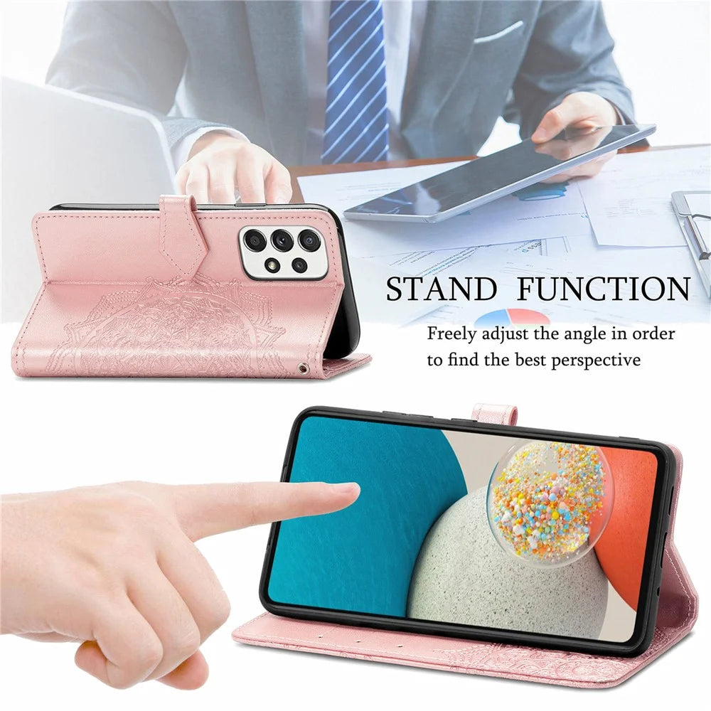 PU Leather Mandala Embossed Shockproof Cover for Samsung Galaxy A53 5G, Stand Flip Premium Wallet Phone Case with Strap - Rose Gold - 7