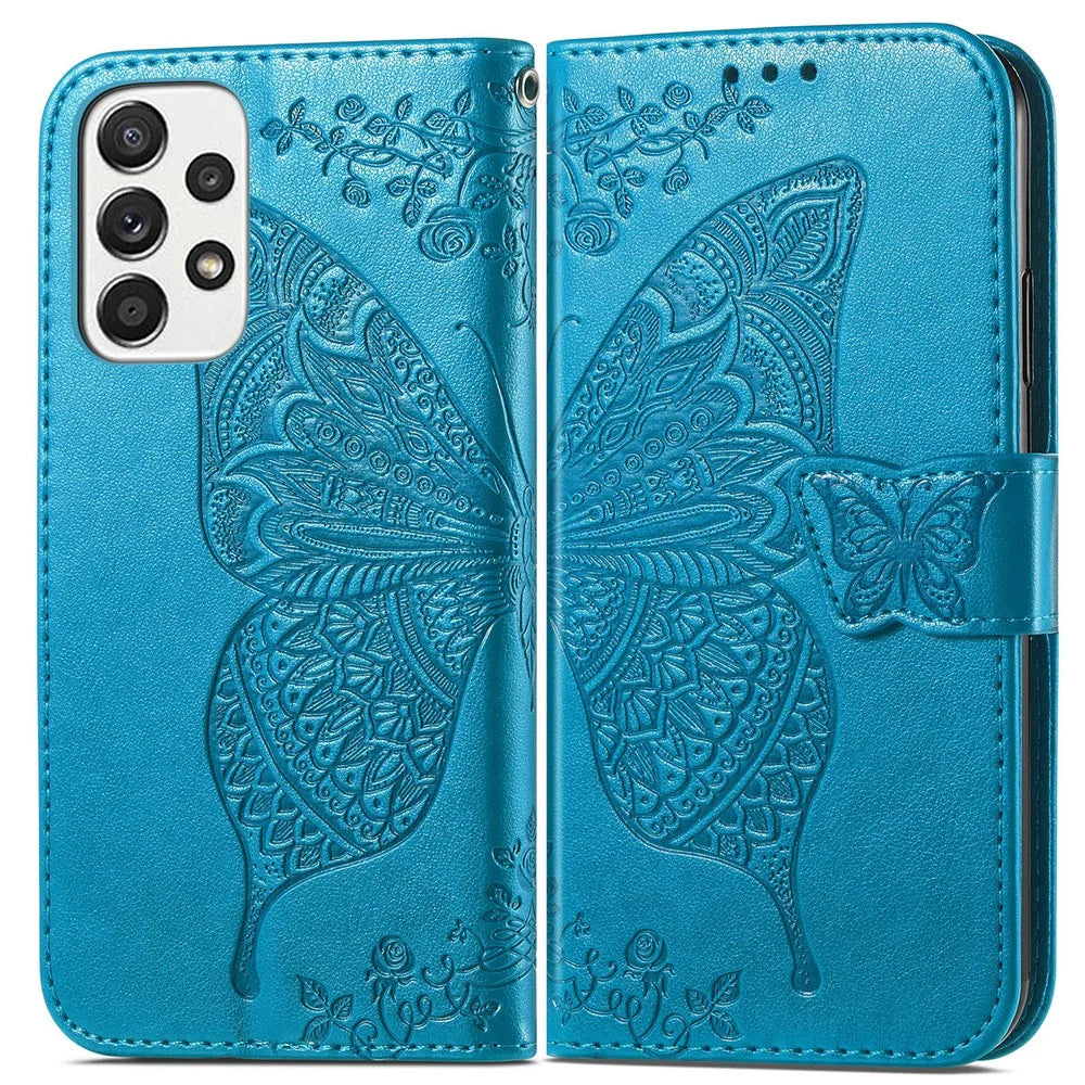 For Samsung Galaxy A53 5G Imprinted Butterfly Flower Pattern Leather Case Full-Body Protective Stand Wallet Phone Cover with Strap - Blue - 1