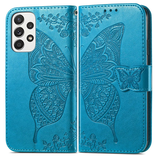 For Samsung Galaxy A53 5G Imprinted Butterfly Flower Pattern Leather Case Full-Body Protective Stand Wallet Phone Cover with Strap - Blue - 1