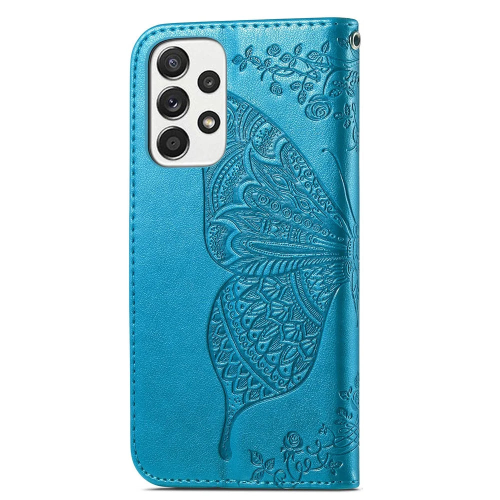 For Samsung Galaxy A53 5G Imprinted Butterfly Flower Pattern Leather Case Full-Body Protective Stand Wallet Phone Cover with Strap - Blue - 3