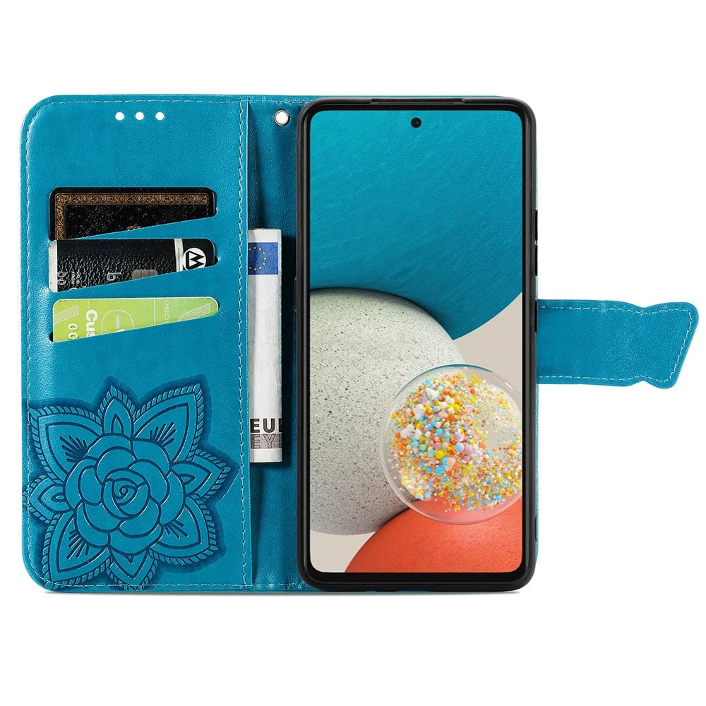 For Samsung Galaxy A53 5G Imprinted Butterfly Flower Pattern Leather Case Full-Body Protective Stand Wallet Phone Cover with Strap - Blue - 4