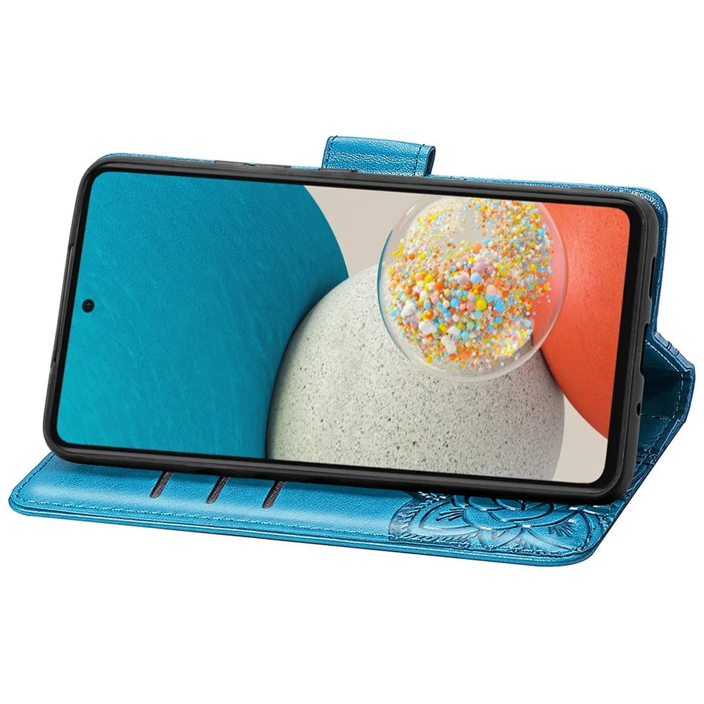 For Samsung Galaxy A53 5G Imprinted Butterfly Flower Pattern Leather Case Full-Body Protective Stand Wallet Phone Cover with Strap - Blue - 5